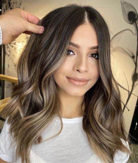 Dark Brown Hair With Caramel Bayalage, Darker Base With Blonde Highlights, Brown Hair With Glaze, Scheana Shay Hair 2023, Black Shadow Root To Brown, Gray Coverage For Brunettes, Dark Blonde Color Melt, Natural Baby Lights Hair Brunette, Low Matinance Hair Color