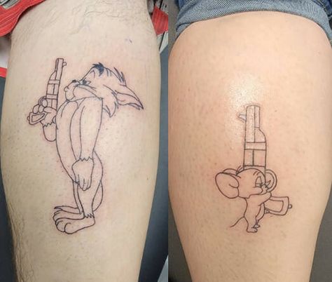 Another cartoon tattoo that represents your steadfast love after every argument is the Tom and Jerry design. This tattoo symbolizes that the two of you will still be together after every argument or difficult circumstance. Matching Father Daughter Tattoos Funny, Tom And Jerry Sibling Tattoos, Matching Cartoon Tattoos, Tom And Jerry Tattoos, Tom And Jerry Tattoo Ideas, Tattoo With Deep Meaning, Tom Og Jerry, Hers Tattoo, Tom And Jerry Tattoo