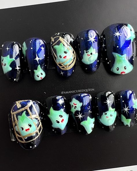 Geeky Nail Designs, Amazing World Of Gumball Nail Art, Lumalee Tattoo Ideas, Lumalee Tattoo, Videogame Nails, Nerdy Nail Art, Gaming Nails, Video Game Nails, Cartoon Character Nails