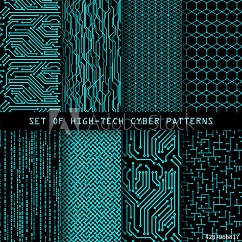 Vector: Set of seamless cyber patterns. Circuit board texture. Digital high tech style vector backgrounds. Circuit Board Aesthetic, Electronic Tattoo, 3d Music, Circuit Board Design, Tech Aesthetic, Technical Design, Tech Background, Art Appliqué, Tech Art