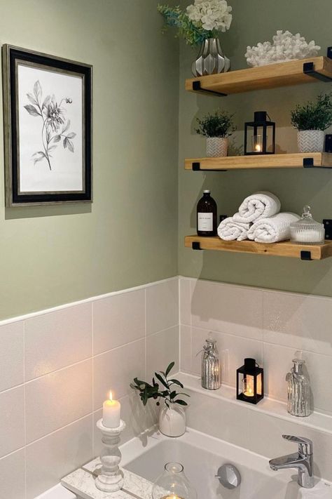 28 Bathroom Counter Decor Ideas To Quickly Upgrade Your Space - The Chic Quota Green Wall Bathroom Ideas, Small Bathroom Spa Decor Ideas, Sage Green Bathroom Decor Ideas, Decorated Bathrooms Ideas, Cream And Green Bathroom, Boho Bathroom Color Schemes, Bathroom Ideas Sage Green, Bathroom Aesthetic Green, Bathroom Green Decor