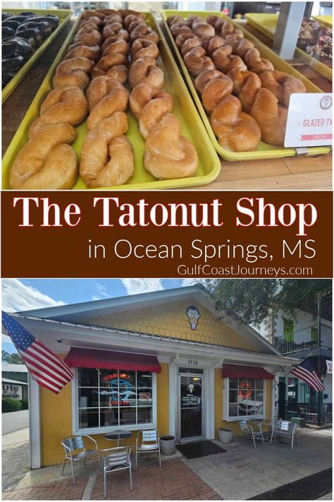 The Tatonut Donut Shop in Ocean Springs, Mississippi is a must-visit! These doughnuts are amazing! Check out photos, review, and the menu Ocean Springs Mississippi, Peanut Cake, Ocean Springs Ms, Cinnamon Twists, Applesauce Cake, Devils Food Cake, Ocean Springs, Barbecue Restaurant, Ice Cake