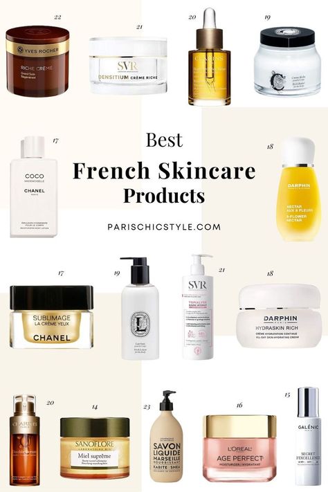 Best French Skincare Products: Diptyque, Darphin Paris, Galenic, La Roche Posay, L'Occitane, Avene Skincare, Chanel, SVR Laboratoire Dermatologique, Clarins, Sanoflore, Yves Rocher, Compagnie de Provence, Bioderma, Caudalie, Nuxe Paris, Vichy, Klorane, Lancôme, Embryolisse, Garancia, Ducray, Uriage Best French Skincare Brands, Parisian skincare products, Paris Chic Style French moisturizing creams for dry to very dry skin, sensitive, psoriasis, eczema. French skincare for travel. #frenchskincare French Skincare Products, Darphin Skincare, Paris Chic Style, Thigh Rubbing, Beauty Skincare Tools, Avene Skincare, Clarins Skincare, Luxury Skincare Brands, Cosmetic Brands