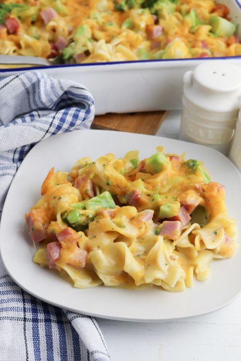 Cheesy Ham And Noodle Casserole, Ham And Egg Noodle Casserole, Ham And Cheese Casserole Dinners, Ham Noodle Casserole Recipes, Ham Cubes Recipes, Broccoli Ham Cheese Casserole, Ham Tater Tot Casserole, Cubed Ham Recipes Dinners, Cubed Ham Recipes