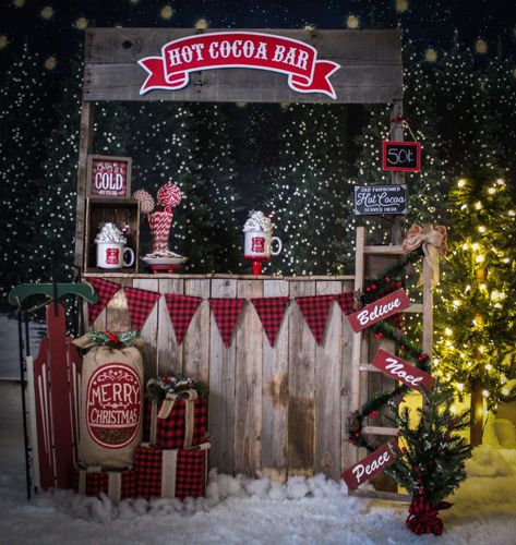 Hot cocoa stand photo Christmas Hot Chocolate Station, Cocoa Stand, Hot Cocoa Stand, Photo Backdrop Christmas, Cheap Christmas Diy, Christmas Photo Booth, Christmas Hot Chocolate, Santa Photos, Christmas Pops