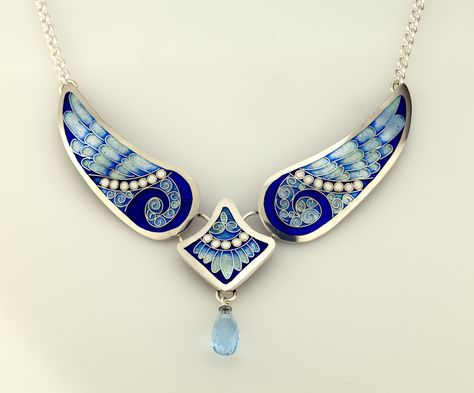 Blue Angel Wings, Angel Wings Necklace, Cloisonne Enamel Jewelry, Enamel Jewellery, Cloisonne Jewelry, Wings Necklace, Angel Wing Necklace, Antique Jewellery Designs, Angel Jewelry