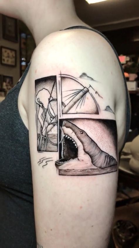 Fresh Jaws memorial tattoo done by Jen Rahman at Hunter Gatherer Philadelphia! #tattoos #tattoo #beauty Jaws Tattoo Ideas, Jaws Movie Tattoo, Jaws Tattoo, Someday Tattoo, Body Doodles, Trending Tattoos, Jaws Movie, Prison Tattoos, Movie Tattoo