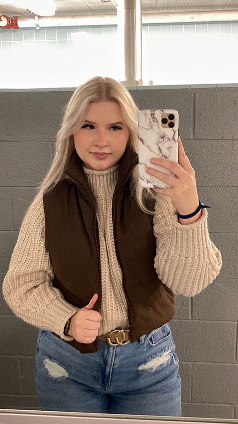 #sweater #vest #brownvest #outfitinspo #outfit #winteroutfit #falloutfit #hm #americaneaglejean # sweateroutfit #greysweater #creamsweater #oatmealsweater #hmsweater #h&m #h&msweater #neutraloutfit #casual #casualwear #sweaterjeanoutfit #turtlenecksweater #mirrorselfie #blondhair #longblondhair #chunkyknit #chunkyknitsweater #knitsweater #sweaters Brown Corduroy Vest Outfit, Brown Vest Outfits For Women, Brown Vest Sweater, Brown Vest Outfit, Fall Vest Outfits, Brown Puffer Jacket, Vest Outfits For Women, Fall Vest, Vest Sweater