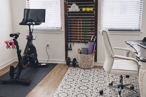 Office And Treadmill Room, Small Gym And Office Room Ideas, Small Office Gym Combo, Home Office With Treadmill Layout, Workout And Office Room Ideas, Office Exercise Room Combo, Office Gym Combo Ideas, Office Workout Room Combo, Office And Gym Combo Small Spaces