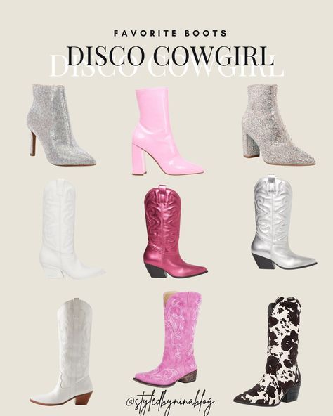 disco cowgirl - space cowboy - nashville bachelorette outfits - nashville outfits - austin outfits - rodeo outfits - cowboy boots - pink cowboy boots - pink boots - silver boots - white cowboy boots - bachelorette outfits for the bride - bridesmaid bachelorette party outfit - country concert outfits - sequins - cow print - steve madden - western style - western fashion - NFR outfits Follow my shop @styledbyninablog on the @shop.LTK app to shop this post and get my exclusive app-only content! Space Cowgirl Shoes, Steve Madden Cowgirl Boots Outfit, Disco Cowgirl Concert Outfit, Nashville Bridesmaid Outfit, Space Cowboy Party Theme Outfit, Nashville Outfits Pink Boots, Girly Cowgirl Outfit, Disco Cowgirl Bachelorette Outfit Pink, Disco Cowboy Bachelorette Outfit