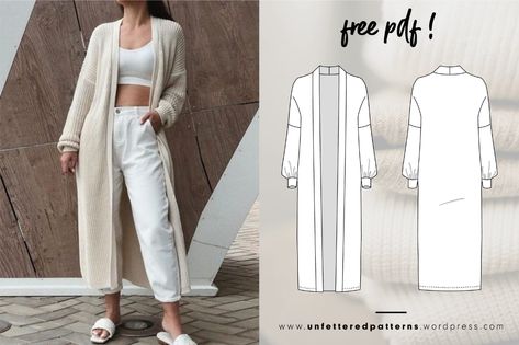 Comfortable Summer Outfits, Free Pdf Sewing Patterns, Long Open Cardigan, Free Pdf Pattern, Free Sewing Pattern, Diy Sewing Pattern, Easy Sewing Projects, Cardigan Pattern, Open Cardigan