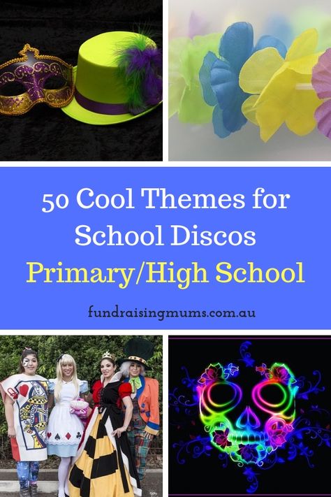 50 Cool and Unique Themes for School Discos | Fundraising Mums Fun School Dance Themes, Elementary School Dance Theme, Themes For School Dances, Dance Themes Elementary, 6th Grade Dance Theme Ideas, School Disco Theme Ideas, School Disco Ideas, 5th Grade Dance Themes, Family Dance Themes