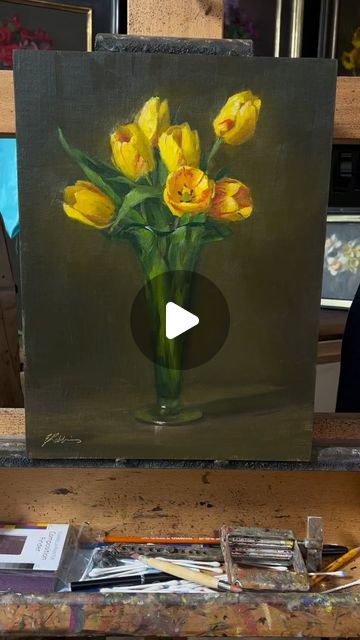 @elizabethrobbinsart on Instagram: "Tulips!  #ontheeasel #tulips #flowerpainting #stilllifeartist #stilllifepainting #representationalart #allaprima #oilpainting #springtime" Tulips Oil Painting, Tulip Artwork, Still Life Artists, Tulip Painting, Representational Art, Still Life Painting, Painting Tutorial, Spring Time, Flower Painting