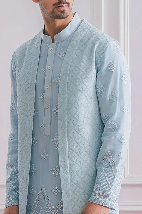 Bandi Jacket Designs, Gents Kurta Jacket Design, Powder Blue Kurta For Men, Kurta Jacket Set For Men, Men’s Kurta With Jacket, Kurta Bandi For Men, Kurta Pajama Men With Jacket, Kurta With Nehru Jacket For Men, Sequence Kurta For Men