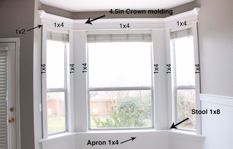 diy crown molding home improvement Crown Molding On Windows, Crown Molding Around Windows, Bay Window Trim Ideas Interior, Bay Window Molding, Window Architrave, Bay Window Trim, Molding Around Windows, Library Windows, Moulding Ideas