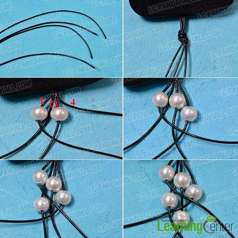 make the first part of the leather cord braided pearl bracelet Leather Necklace Tutorial, Knotted Necklace Diy, Cord Necklaces, Leather Tutorial, How To Make Leather, Leather Pearl Necklace, Bracelets Beads, Diy Leather Bracelet, Ocean Inspired Jewelry