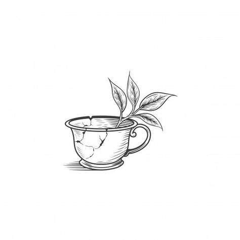 Tea Cup Sketch Drawing, Vintage Tea Cup Drawing, Chipped Tea Cup Tattoo, Cracked Teacup Tattoo, How To Draw A Tea Cup, Yea Cup Tattoos, Vintage Aesthetic Drawings, Tea Cups Drawing, Tea Cup Tattoo Vintage