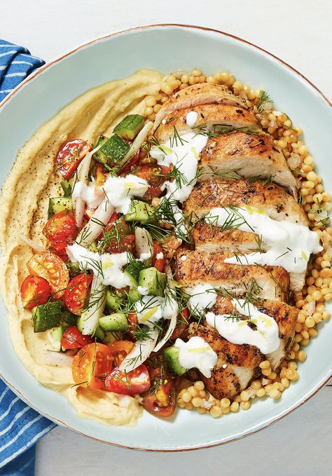 Easy Mediterranean chicken bowl recipe with hummus, tomato-cucumber salad, and creamy feta sauce | More recipes on www.HelloFresh.com Creamy Feta Sauce, Easy Mediterranean Chicken, Couscous Bowls, Hello Fresh Dinners, Popular Meals, Mediterranean Chicken Bowl, Feta Sauce, Chicken Gyro, Chicken Bowl Recipe