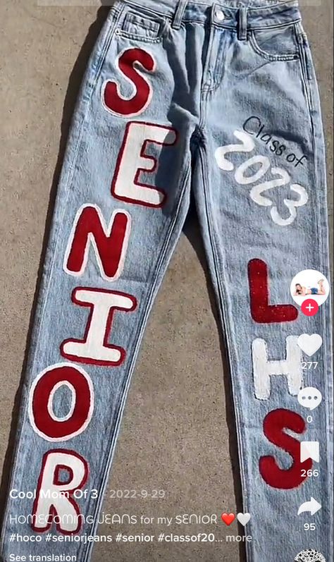 Senior Sunrise Pants Ideas, Decorated Senior Jeans, Class Of 2024 Jeans, Blue And Gold Senior Jeans, Senior Overalls Black And Gold, Senior Jean Inspiration, Senior Sweatpants Ideas, Senior Jeans Red And White, Senior Shorts Painted