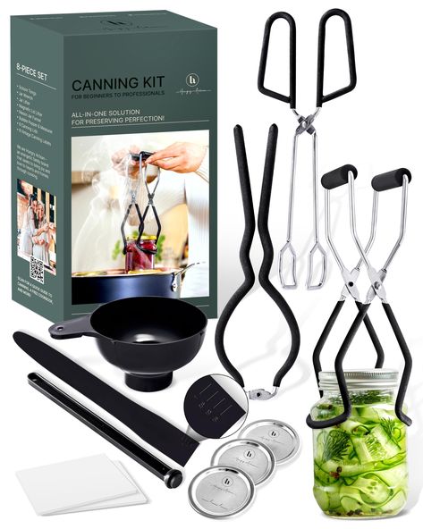 PRICES MAY VARY. ULTIMATE CANNING STARTER KIT: All the canning supplies you’ll ever need; canning tongs, jar wrench, jar grabber, magnetic lid lifter, jar funnel, bubble popper, canning labels, and 6 canning lids MASTER THE ART OF CANNING: Start pickling with ease and confidence; Enjoy delicious, homemade jams, salsas, relishes, and all the seasonal goodies with canning equipment that makes it a breeze BUILT TO LAST: Premium stainless steel and rubber coating elements make this canning set heat- Canning Tools, Canning Equipment, Homemade Jams, Canning Supplies, Canning Tips, Canning Labels, Canning Lids, Home Canning, Homemade Jam