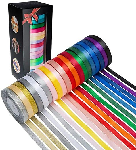 Amazon.com : 20 Colors 300 Yard Satin Ribbon -18 Silk Ribbon Rolls & 2 Glitter Metallic Ribbon Rolls, 2/5" Wide 15 Yard/Roll, Ribbons Perfect for Crafts, Hair Bows, Gift Wrapping, Wedding Party Decoration and More : Health & Household Gift Wrapping Wedding, Popular Wedding Colors, Orange Ribbon, Glitter Ribbon, Gift Ribbon, Wedding Wraps, Crafting Materials, Ribbon Hair Bows, Ribbon Hair