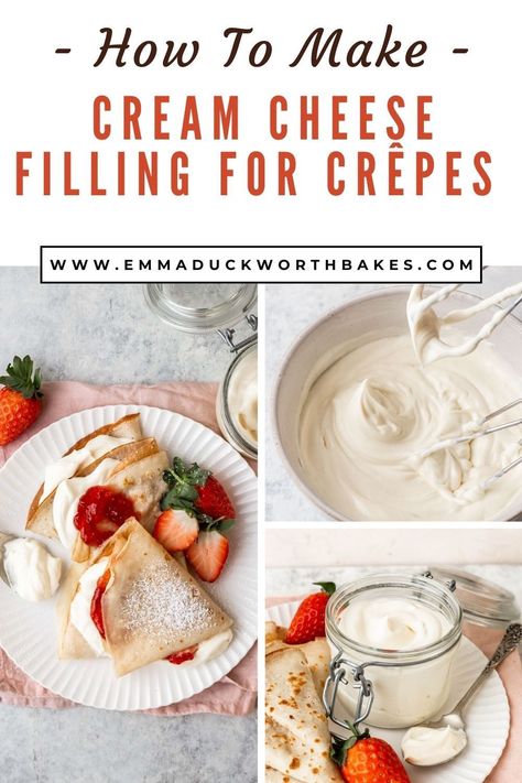 Want to elevate your crêpes? Then try out this incredible Cream Cheese Crêpes Filling that takes only 5 minutes to make. With only 4 ingredients, it's smooth, luxurious, light, and creamy. Perfect for your breakfast crêpes. Berry Crepes Recipe, Crepes With Cream Cheese Filling, Toppings For Crepes, Crepe Dessert Ideas, Cream Filling For Crepes, Crepe Cream Cheese Filling Recipes, Cream For Pancakes, Cream Cheese Filling For Crepes, Crepe Filling Recipe