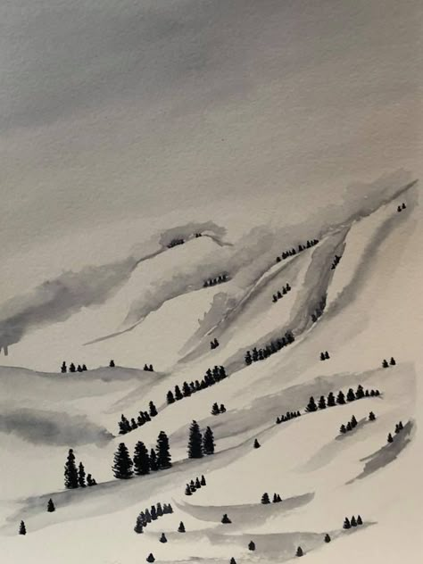 How To Draw Snowy Landscape, Snowy Hills Painting, Snowy Landscape Drawing, Snow Tree Drawing, Snowy Mountains Watercolor, Snowy Forest Drawing, Snow Painting Easy, Snowy Drawing, Snowy Mountains Painting