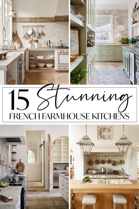 Country French Farmhouse Kitchen, French Country Kitchen Island Ideas, French Kitchen Ideas Farmhouse Style, Off White Kitchen Cabinets Farmhouse French Country, French Provincial Kitchen Island, French Colonial Style Kitchen, Classic Neutral Kitchen, French Country Decorating Kitchen Farmhouse Style Dining Rooms, Rustic French Farmhouse Kitchen