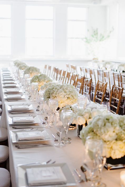 Rectangle Table Centerpieces, Hydrangea Centerpiece Wedding, White Hydrangea Centerpieces, White Hydrangea Wedding, Long Table Wedding, Skyline Wedding, Hydrangea Centerpiece, Wedding Reception Flowers, Hydrangeas Wedding