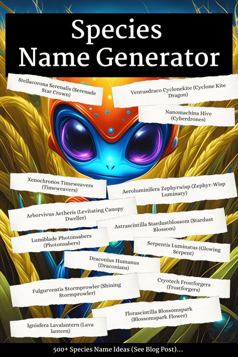 Use our species name generator to get over 500 name ideas for fantasy and alien species, along with a short description for each. Fantasy Species Names, Fantasy Creature Name Ideas, Fantasy Species Name Ideas, Fantasy Species Ideas, Interesting Names For Characters, Fictional Species Ideas, Alien Species Design, Alien Name Ideas, Species Name Ideas