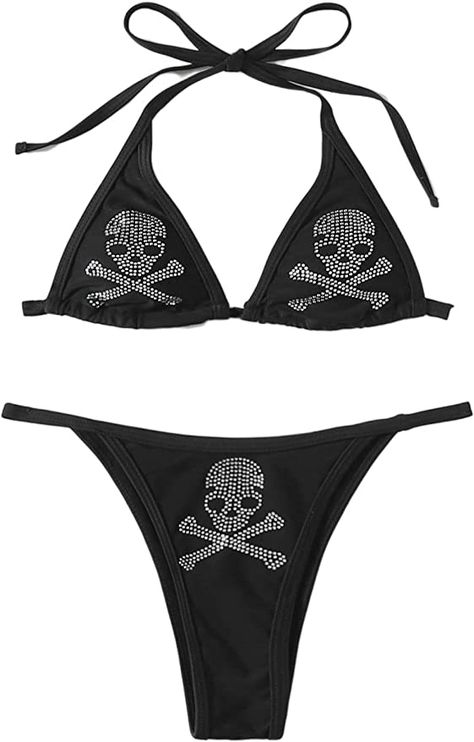 WDIRARA Women's Skull Pattern Halter Triangle Thong Sexy 2 Piece Bikini Swimsuit Grunge Swimsuit, Black Swimsuit Outfit, Grunge Summer, Summer Grunge, Festival Rave Outfit, Triangle Swimsuit, Swimsuits Outfits, Suit Swimsuit, Perfect Swimsuit