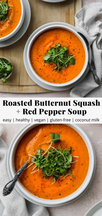 pinterest graphic for a vegan butternut squash and red pepper soup recipe Walder Wellness, Frozen Butternut Squash, Butternut Soup, Healthy Bowl, Roasted Red Pepper Soup, Coconut Milk Soup, Red Pepper Soup, Drink Inspiration, Pepper Soup