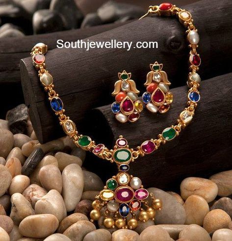 Navaratna Necklace, navaratna jewellery, 22 carat gold jewellery #AnticGoldJewellery Navrathan Necklace Gold, Navaratna Necklace, Navaratna Jewellery, Pearls Jewellery, Latest Indian Jewellery, 22 Carat Gold Jewellery, Perhiasan India, Necklace Set Indian, Online Gold Jewellery