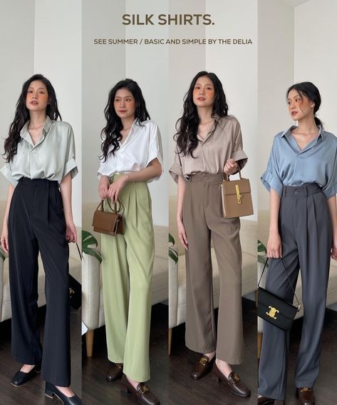 Women Office Outfits, Smart Casual Work Outfit, Neat Casual Outfits, Smart Casual Women, Mode Hijabi, Casual Work Outfits Women, Silk Shirts, Corporate Attire, Office Outfits Women