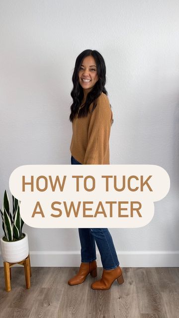 Tucking In A Sweater, How To Tuck Long Sweater, How To Style A Tunic Sweater, Twist Tuck Sweater, How To Tuck In A Turtleneck, How To Tuck In A Sweater Jeans, Ways To Tuck In A Sweater, How To Wear A Oversized Sweater, How To Front Tuck A Sweater