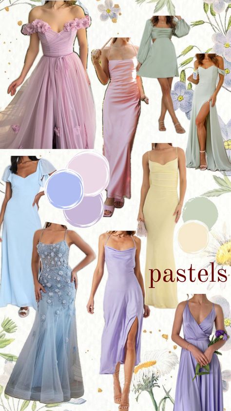 Pastel Dress Formal, Colorful Pastel Wedding, Pastel Dress Outfit, Pastel Wedding Guest, October Wedding Guest Outfits, 18th Birthday Party Outfit, Debut Theme, Pastel Color Dress, Black Tie Wedding Guest Dress