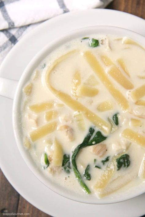 Chicken Alfredo Soup, an easy one-pot soup with fettuccine, chicken, spinach, and an alfredo and broth base. The best hearty soup for chilly winter nights! Recipe @SnappyGourmet.com #SnappyGourmet #Soup #Chicken #Pasta Creamy Chicken Alfredo Soup, Alfredo Soup Recipe, Chicken Alfredo Soup Recipe, Easy One Pot Soup, Fettucini Alfredo Chicken, Chicken Alfredo Soup, Fettuccine Chicken, Alfredo Soup, One Pot Soup