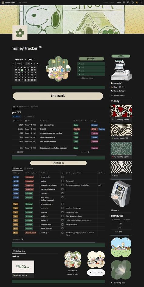 dark mode version ; TEMPLATE: https://ko-fi.com/s/d265997135 #notion #money #tracker #green #moneytracker #savings #bank #template #notiondesign #productivity #cloudji Studie Hacks, Money Tracker, Theme Template, Dark Mode, Notes Inspiration, Notion Template, Get My Life Together, Aesthetic Template, Study Motivation Inspiration