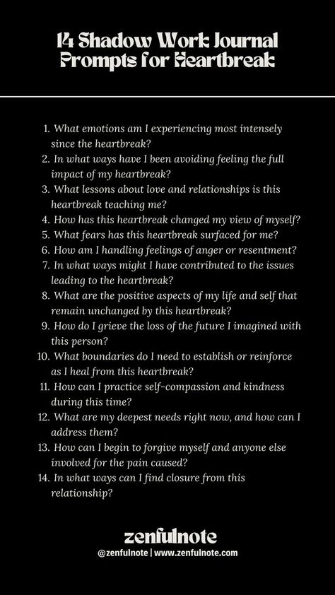 Shadow work focusing on heartbreak involves delving into the pain, loss, and lessons stemming from the end of relationships, allowing for healing and growth. Navigating heartbreak requires time, patience, and self-care. As you engage with these questions, remember to treat yourself with kindness. Healing From A Break Up Journal Prompts, Shadow Work To Get Over Someone, Journaling Prompts For Heartbreak, Journal Prompts For Abandonment, Breakup Journaling Prompts, Shadow Work Heartbreak, Shadow Work For Breakups, Shadow Work For Heartbreak, Shadow Work Journal Prompts Breakup