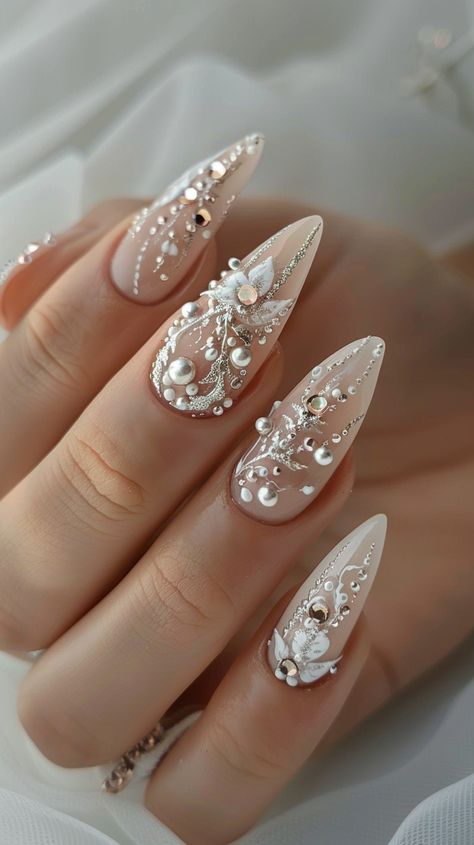 Perfect Wedding Nails, Best Wedding Nails Brides, Wedding Nails Long, Bridal Nail Designs, Elegant Bridal Nails, Wedding Day Nails, Bridal Nails Designs, Engagement Nails, Bridal Nail