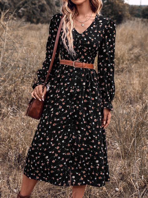 2023 Fall Dresses, Winter Romantic Outfits, Dresses To Wear With Boots, Autumn Dresses Casual, Winter Floral Dress, Ditsy Dress, Flounce Sleeve Dress, Boho Prom, Dresses For Fall