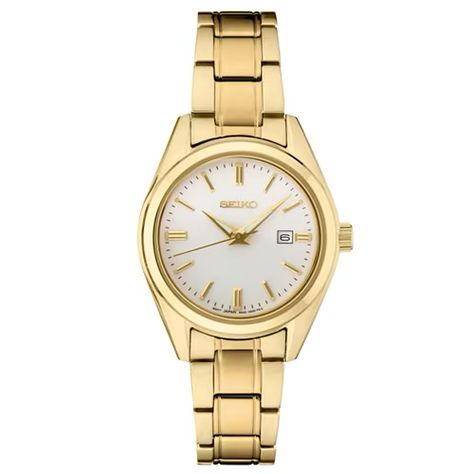 Fred Meyer Jewelers | Online Exclusive! This classic ladies' Seiko Essentials watch features a 29mm yellow gold-tone stainless steel case with a silver-tone dial Lumi Brite hands and stick hour markers. Other features include a sapphire crystal protective window quartz movement a yellow gold-tone stainless steel bracelet with a push button deployment clasp and water resistance up to 100m/328ft. Model #SUR632 #AD Seiko Watches Women, Yellow Bracelet, Bracelet Watches Women, Crystal Watches, Seiko Watches, Skagen, Women Essentials, Women Wrist Watch, Stainless Steel Watch