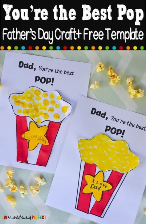 Say "I love you, Pop!" with this fun handmade card idea for kids! This easy craft is perfect for Father's Day, and it is so easy with the free, printable template. Make this cute, keepsake card with fingerprints that your toddler, preschooler, or older kids can make with paint to look like a tasty box of popcorn! #kids #kidsactivities #fathersday #card #craftsforkids #keepsake #preschool Sunshine Handprint, Popcorn Craft, Popcorn Crafts, Free Craft Templates, Kids Fathers Day Crafts, Diy Father's Day Crafts, Dad Crafts, Father's Day Craft, Yellow Crafts