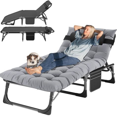 PRICES MAY VARY. 🎈【5 Positions Adjustable】The adjustable folding lounge chair is designed with 5 positions adjustable locking system, which allows you to adjust it to a comfortable position according to your needs. You can recline or lay flat. 🎈【Protable Lounge Chair】The portable folding lounge chair is very easy to carry. Perfect for relaxing at home, by the pool, at the beach or as a comfortable place to sleep while camping. 🎈【Safe & Comfortable】Our reclining camping chair with mattress is Lounge Chaise, Bed Sleeping, Sleeping Cots, Folding Lounge Chair, Beach Patio, Camping Cot, Folding Bed, Chaise Chair, Camping Furniture