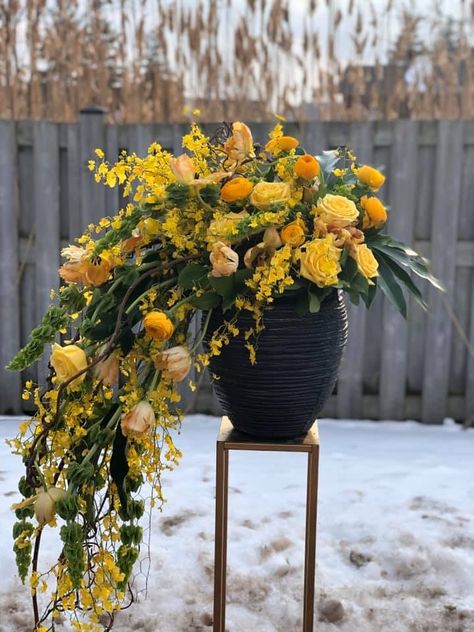 Unusual Silk Flower Arrangements, Cascade Floral Arrangements, Waterfall Flower Arrangements, Cascading Floral Arrangements, Hotel Flower Arrangements, Glass Decor Ideas, Yellow Flower Arrangements, Tall Flower Arrangements, Tall Floral Arrangements