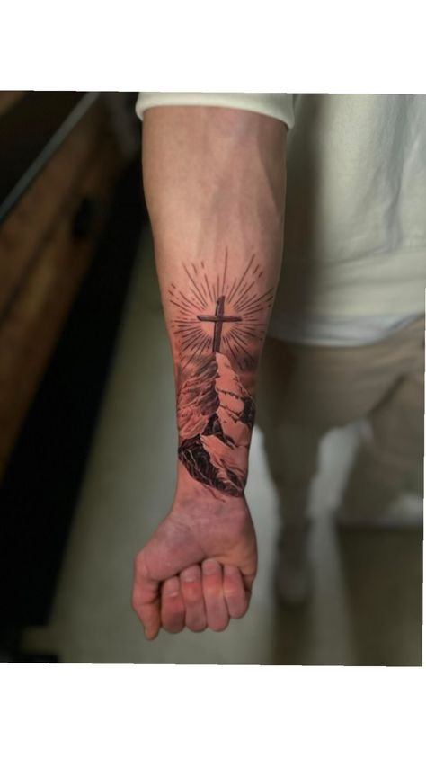 Jesus Forearm Tattoo, Christian Tattoos Men, Half Arm Sleeve Tattoo, Tattoo Ideas Males, Tattoo Quotes For Men, Biblical Tattoos, Bible Tattoos, Simple Tattoos For Guys, Cross Tattoo For Men