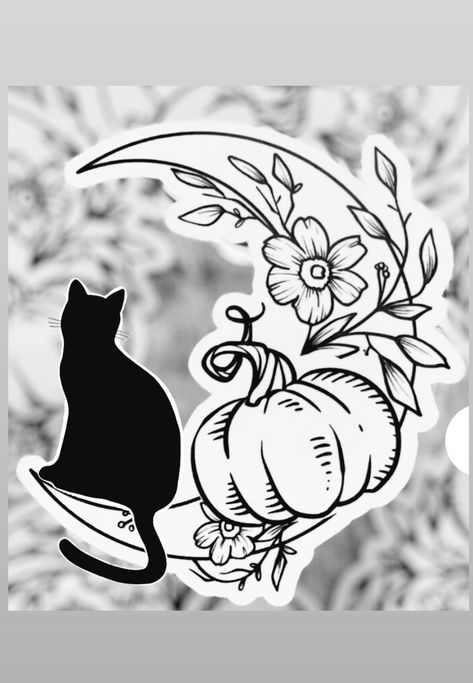 Halloween Tattoo Black Cat, Fall Witch Tattoo, Black Cat Pumpkin Tattoo, Fall Related Tattoos, Pumpkin Moon Tattoo, Pumpkin And Cat Tattoo, Fall Tattoo Ideas Autumn Black And White, Cat Pumpkin Tattoo, Pumpkin Cat Tattoo