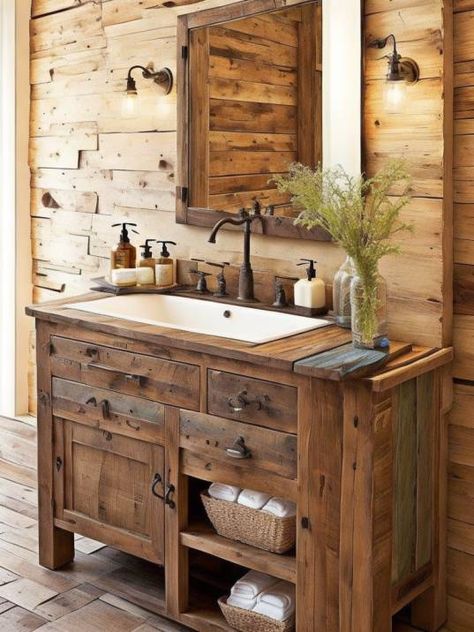 35 Farmhouse Bathroom Vanity Ideas for 2023 Farm Style Bathroom Sink, Basement Bathroom Vanity, Ideas For Bathroom Vanities, Rustic Farmhouse Bathroom Vanity, Wood Vanity Bathroom Ideas, Rustic Bathrooms Ideas Farmhouse, Cabin Bathroom Vanity, Cabin Vanity, Bath Vanity Ideas