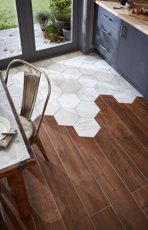 Saw similar ones at http://www.simiflooring.com/ Transition Flooring, Tanaman Indoor, Hemma Diy, Tile Trends, Wooden Floors, Hexagon Tiles, Wood Tile, Floor Design, Design Case