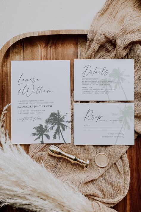 Beige Wedding Invitations, Destination Wedding Invitations Mexico, Diy Palm Tree, Palm Tree Invitation, Beach Wedding Invite, Font Matching, Destination Wedding Itinerary, Palm Tree Wedding Invitations, Palm Tree Wedding